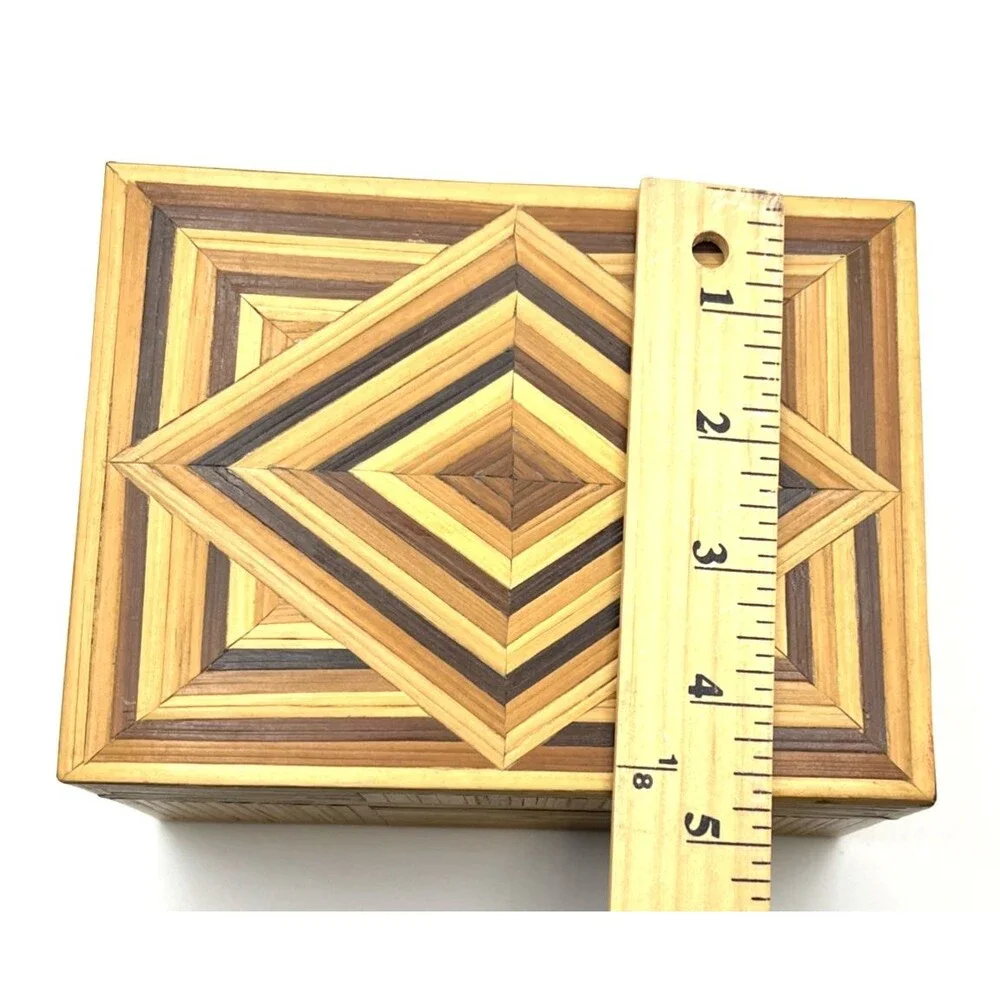 Handmade Bamboo Wood Inlaid Trinket Jewelry Box Geometric Marquetry Boho 6
